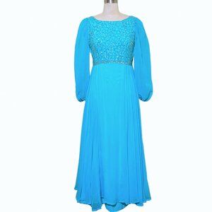 Vintage 1960's Mike Benet Aqua Chiffon Sequin Embellished Gown SZ M